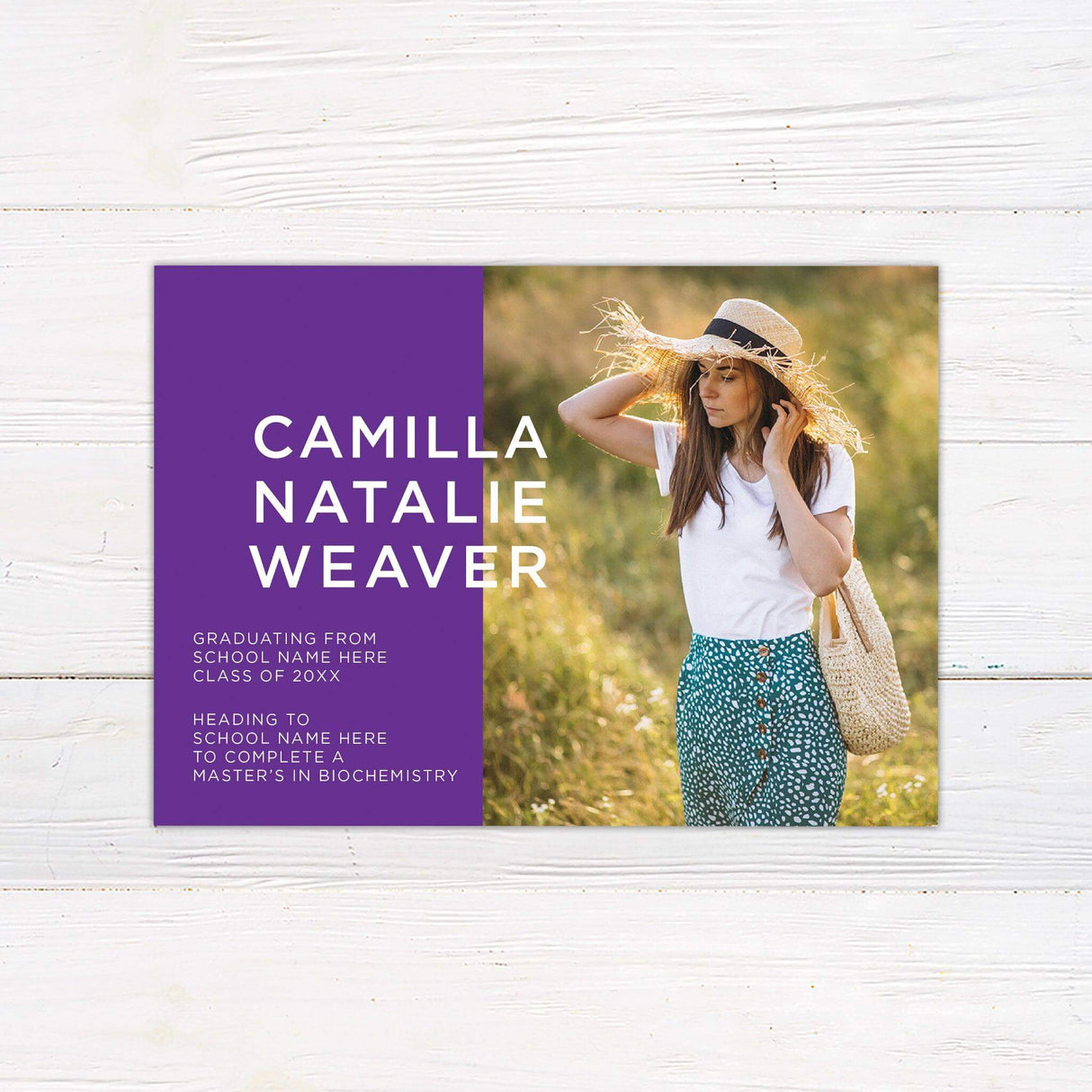Custom printed graduation announcement featuring a modern split design with a personalized photo on one side and bold graduate details on the other. This stylish and sophisticated card is fully customized with the graduate’s name, class year, school, and future plans, printed on premium cardstock for a polished finish. purple