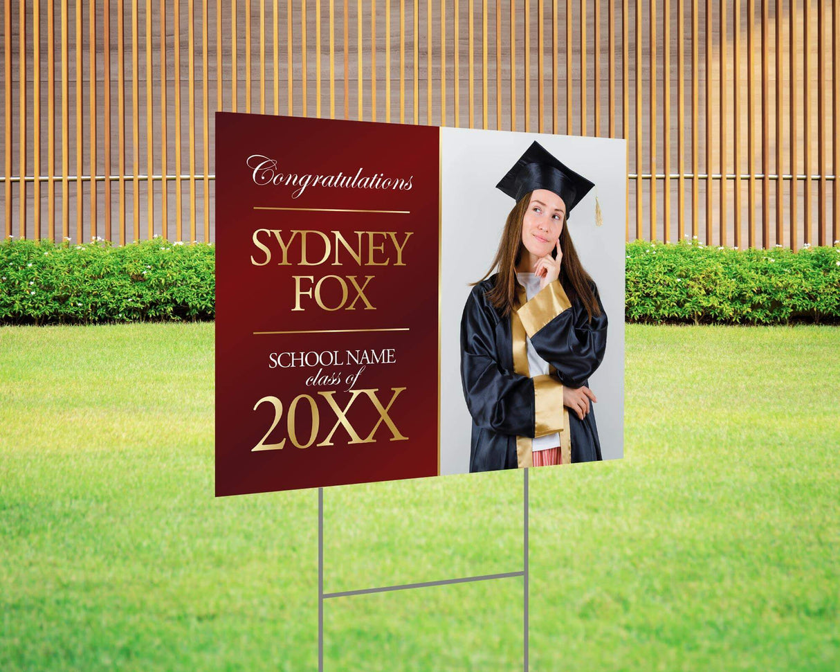 Graduation yard sign featuring a split design with a side photo and bold gold text on the left, displaying the graduate’s name, class year, and school name. Printed on durable Coreplast plastic, available in custom colors and single or double-sided print, perfect for high school and college graduation celebrations. Maroon - Burgandy