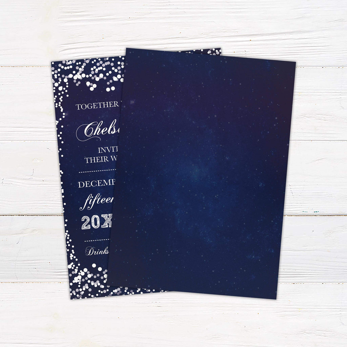 Navy and silver glitter wedding invitation with confetti border, elegant script and serif fonts, printed on white cardstock for winter wedding - back