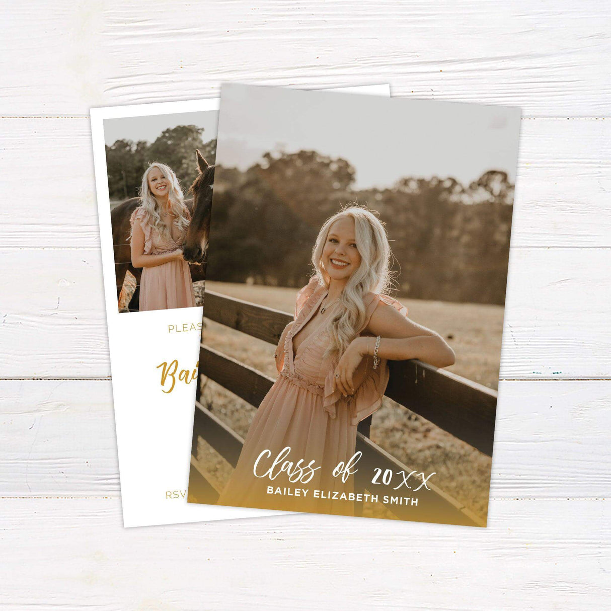 "Elegant graduation announcement photo with personalized name and class year in stylish script."