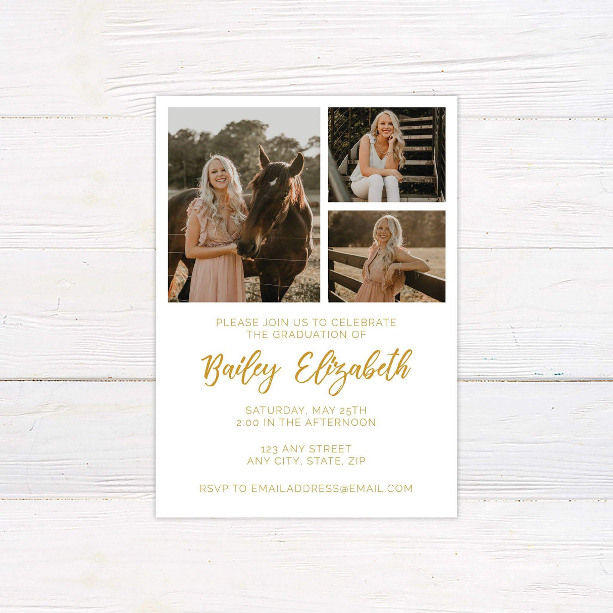 "Personalized graduation invitation with a three photo collage featuring custom name, date, time, and event details in gold print."