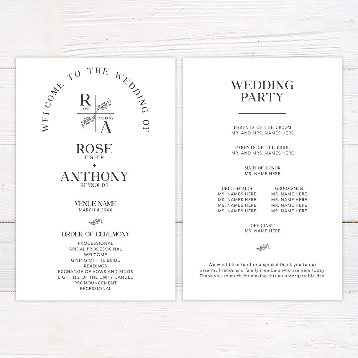 Clean modern wedding program with botanical monogram and structured serif layout
