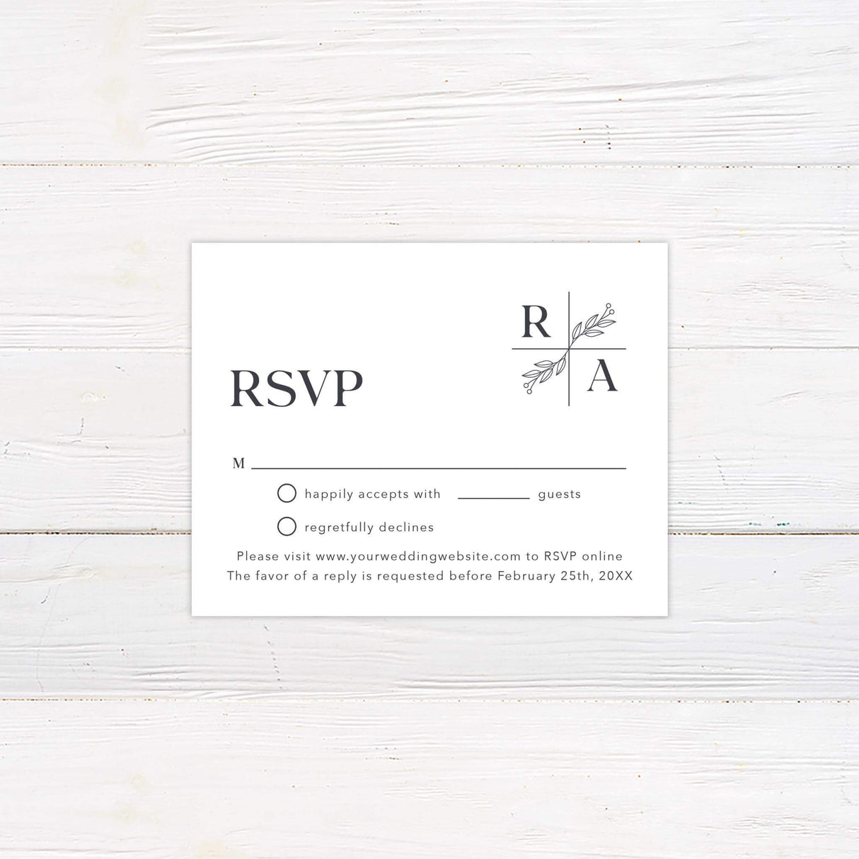 Minimalist RSVP card with clean serif fonts and simple layout to match the modern monogram wedding invitation