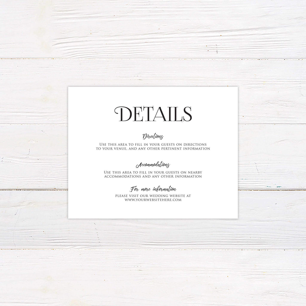 Simple details card with serif fonts and minimalist black text on white background