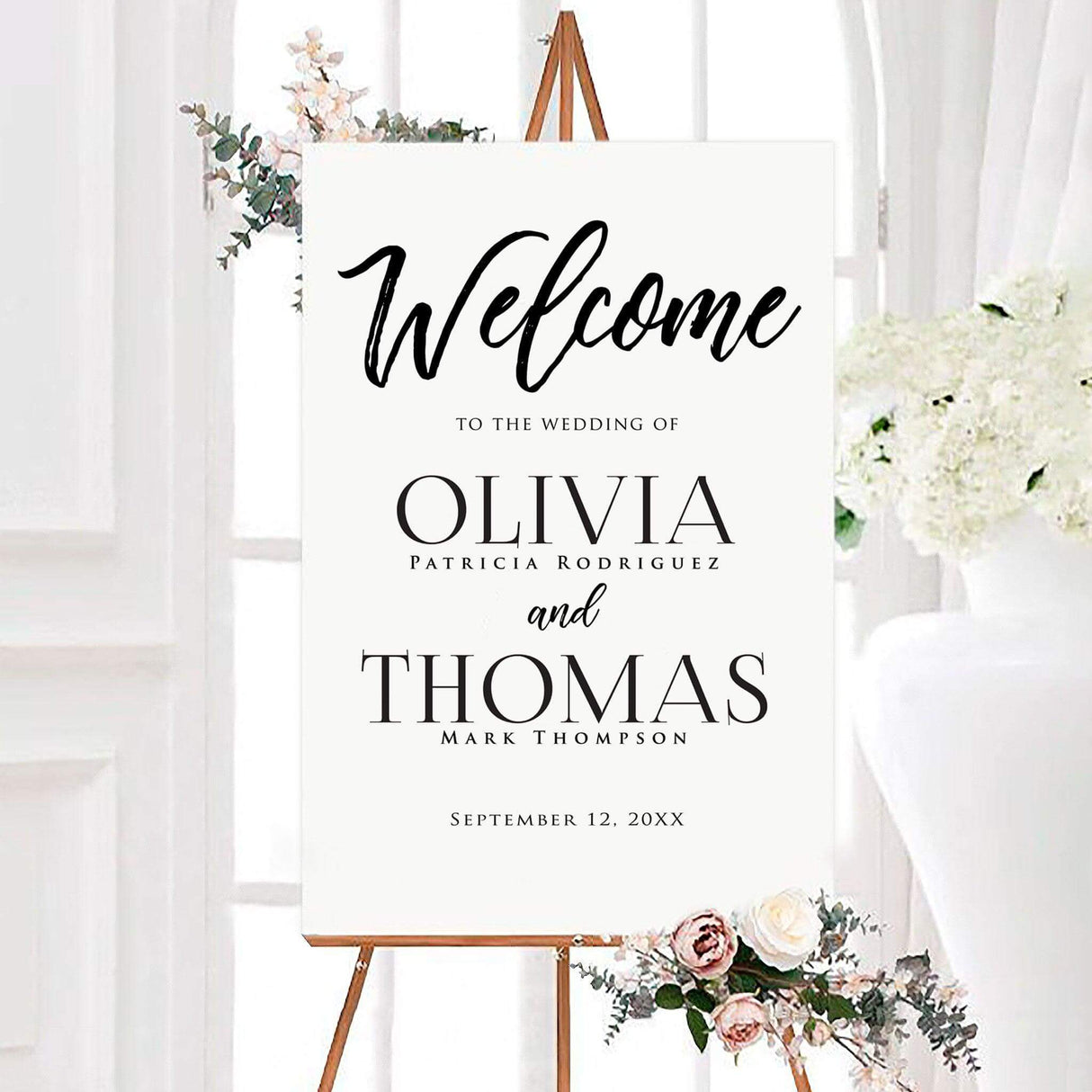 Simple basic personalized wedding welcome sign featuring the couple’s names and wedding date in an elegant minimalist layout. The clean design creates a timeless welcome display for a ceremony or reception.