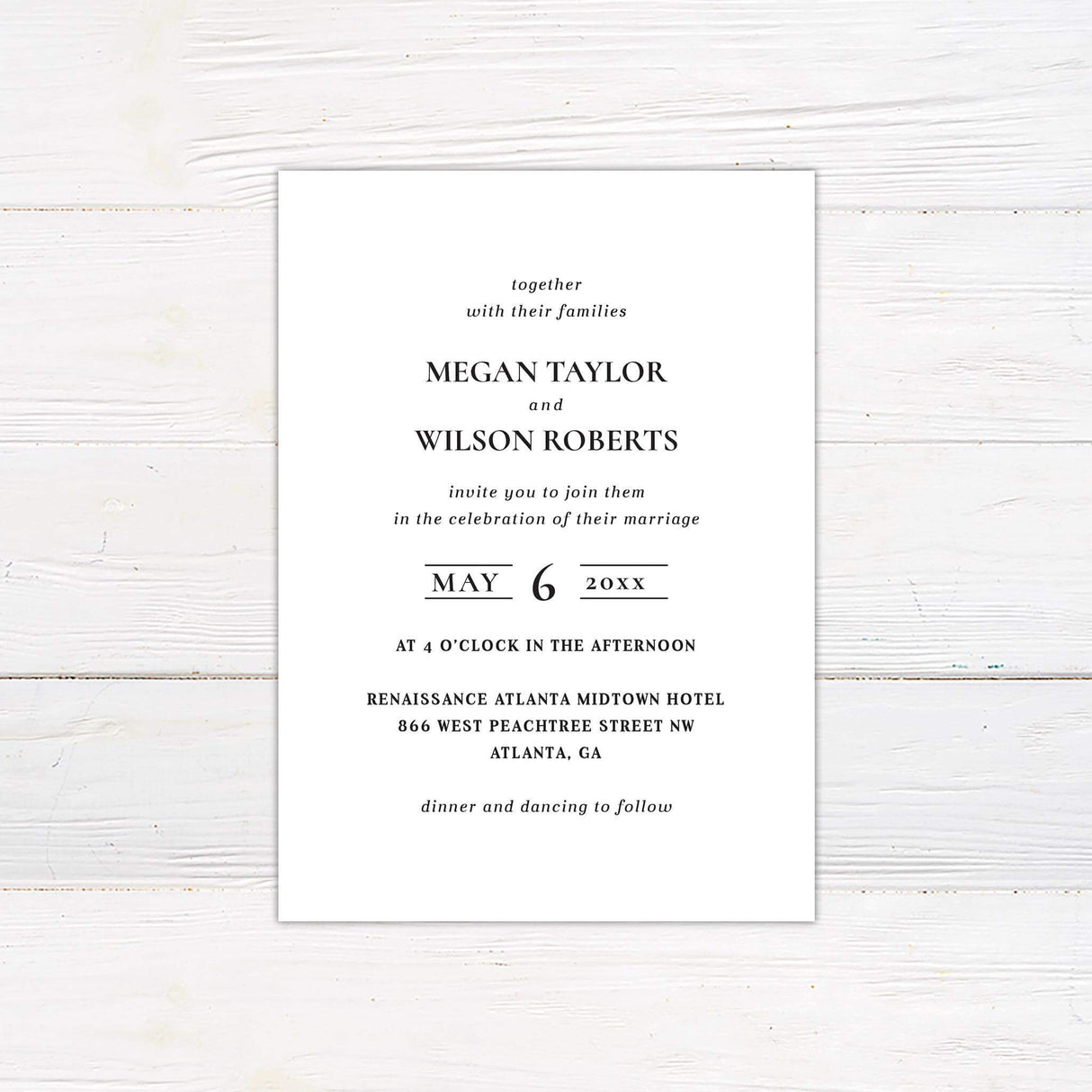 Minimalist black and white wedding invitation with bold serif fonts and classic layout