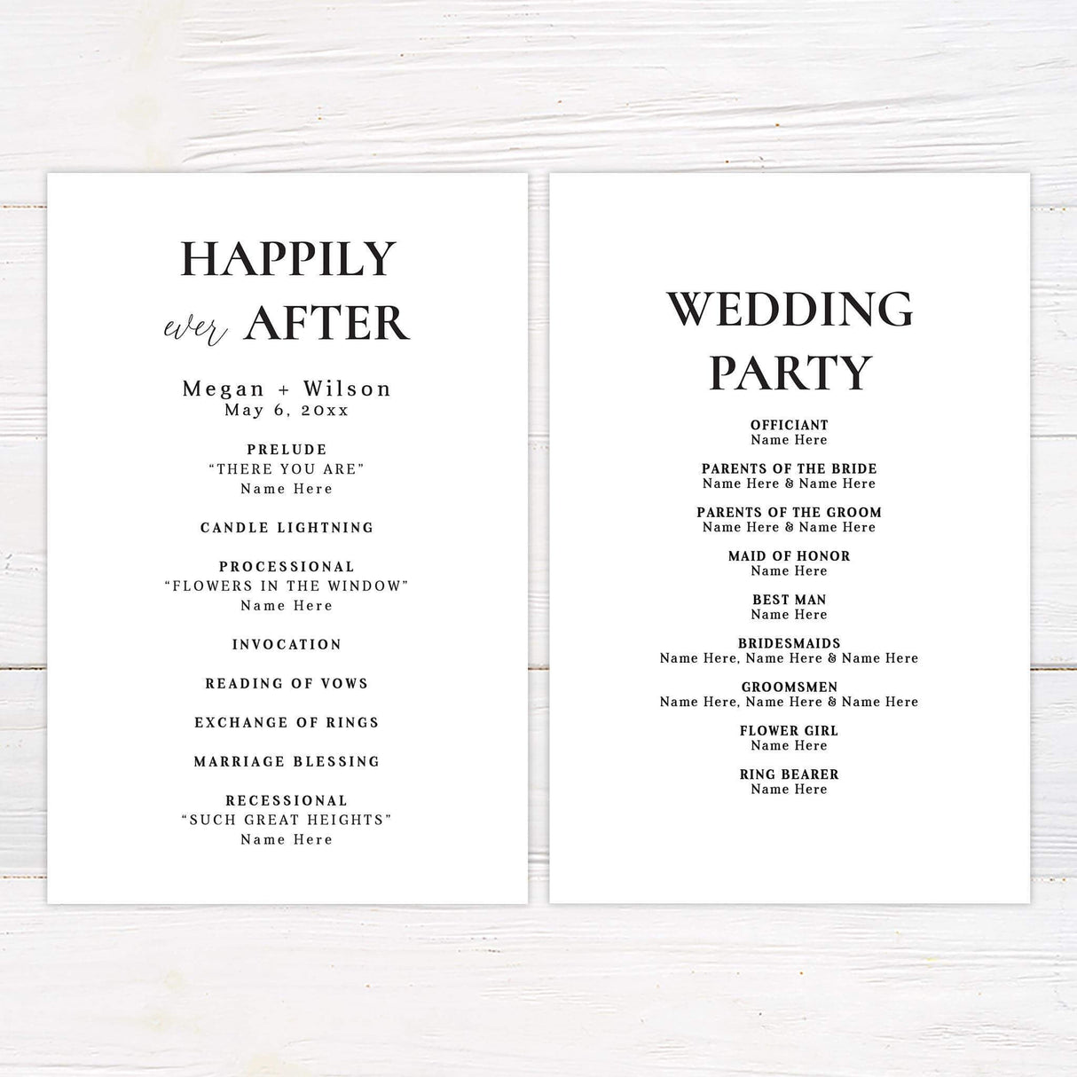 Wedding program with bold serif fonts and simple layout