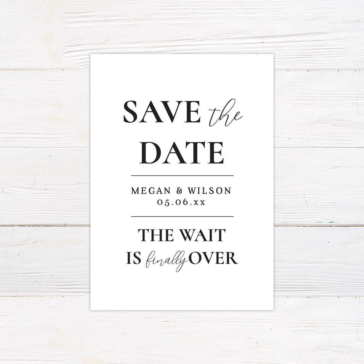 Save the Date card with clean fonts and bold modern design