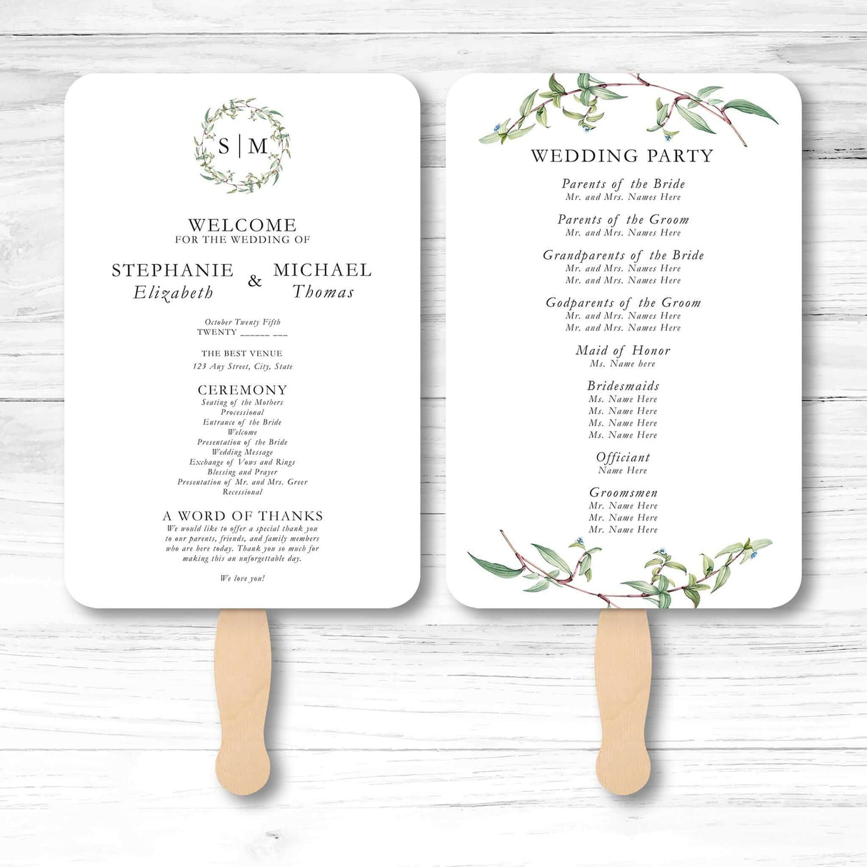 Botanical greenery wedding program fan with vine illustration, wooden handle, and double-sided layout for ceremony details and wedding party info
