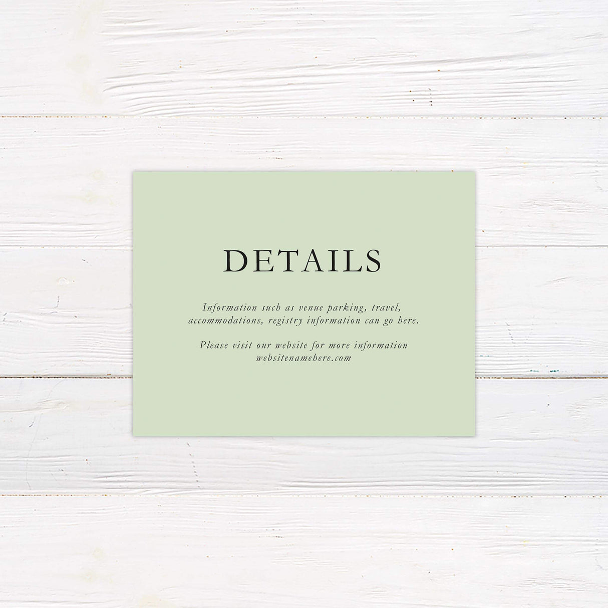 Wedding details card with  simple typography - matching green color backgrund