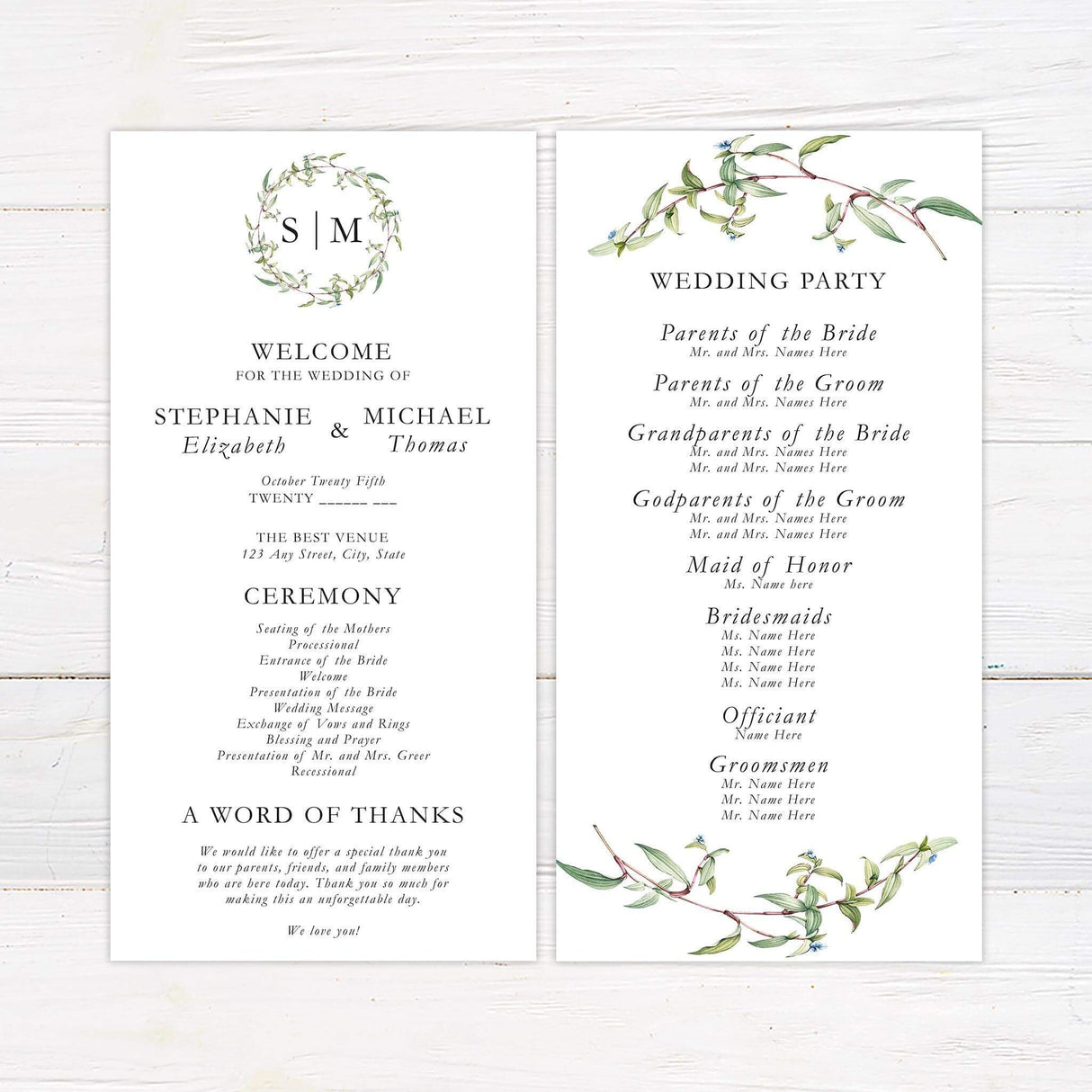 Printed wedding program with delicate branches and clean layoutgoprintplus