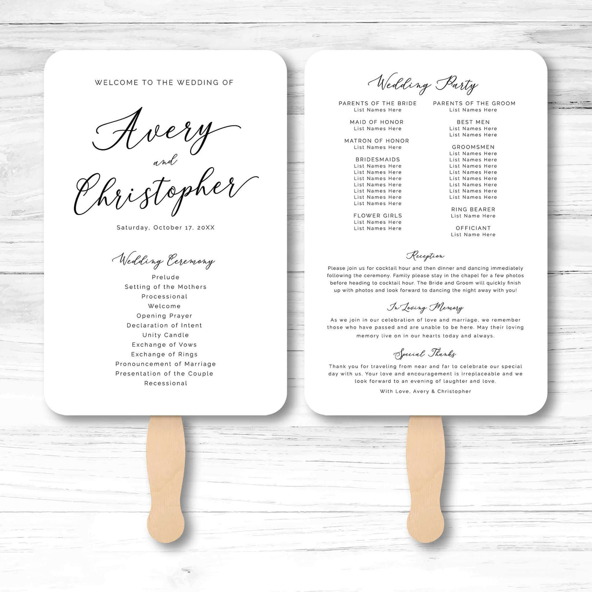 Minimalist wedding program fan with ceremony and wedding party details printed on both sides.