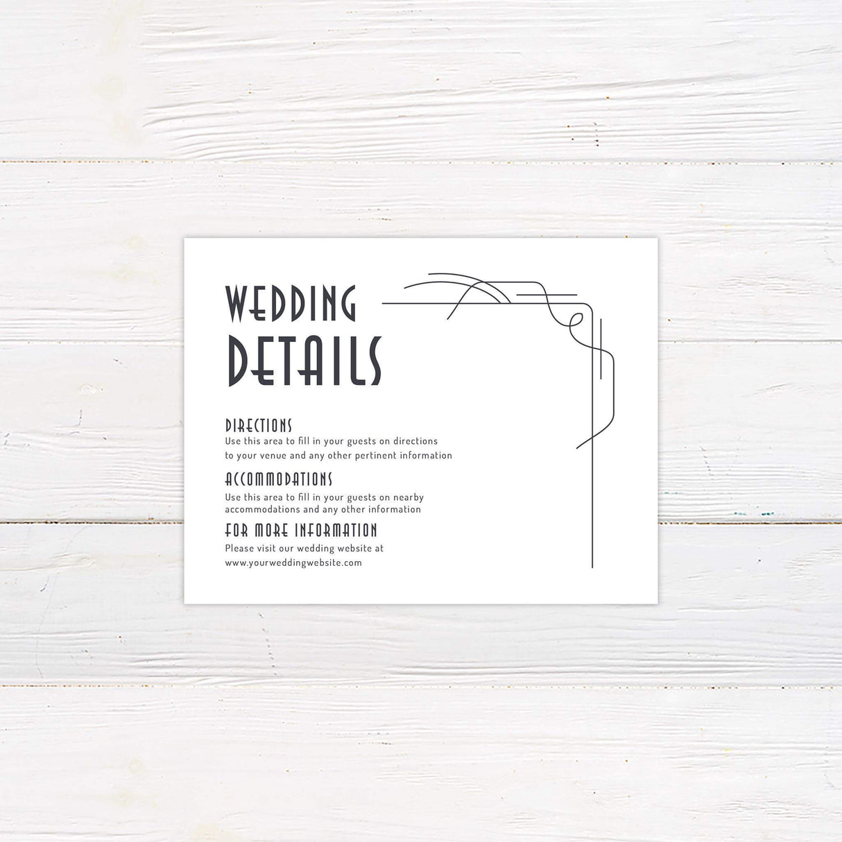 Black and white Art Deco details card with modern minimalist font and clean geometric layout.