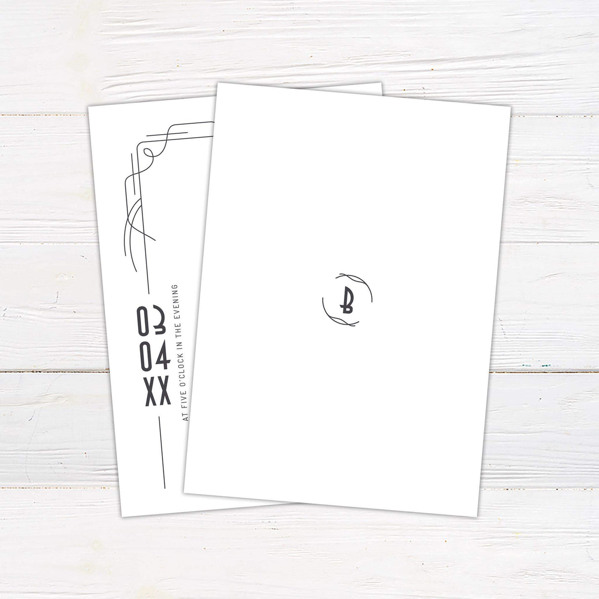 Black and white Art Deco wedding invitation with modern minimalist font and clean geometric layout. Monogram Back.