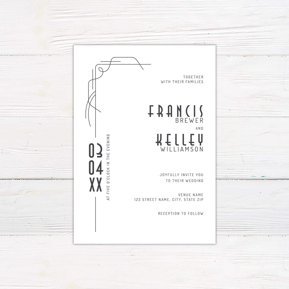 Black and white Art Deco wedding invitation with modern minimalist font and clean geometric layout.