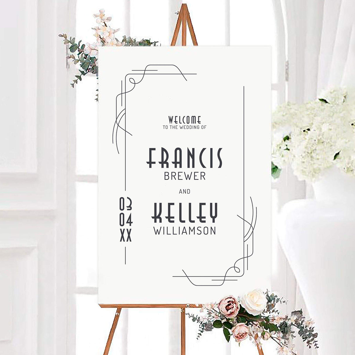 Minimalist simple art deco wedding welcome sign with geometric charcoal typography and abstract linear border details on a white background. The personalized design features the couple’s names and wedding date in a modern layout.