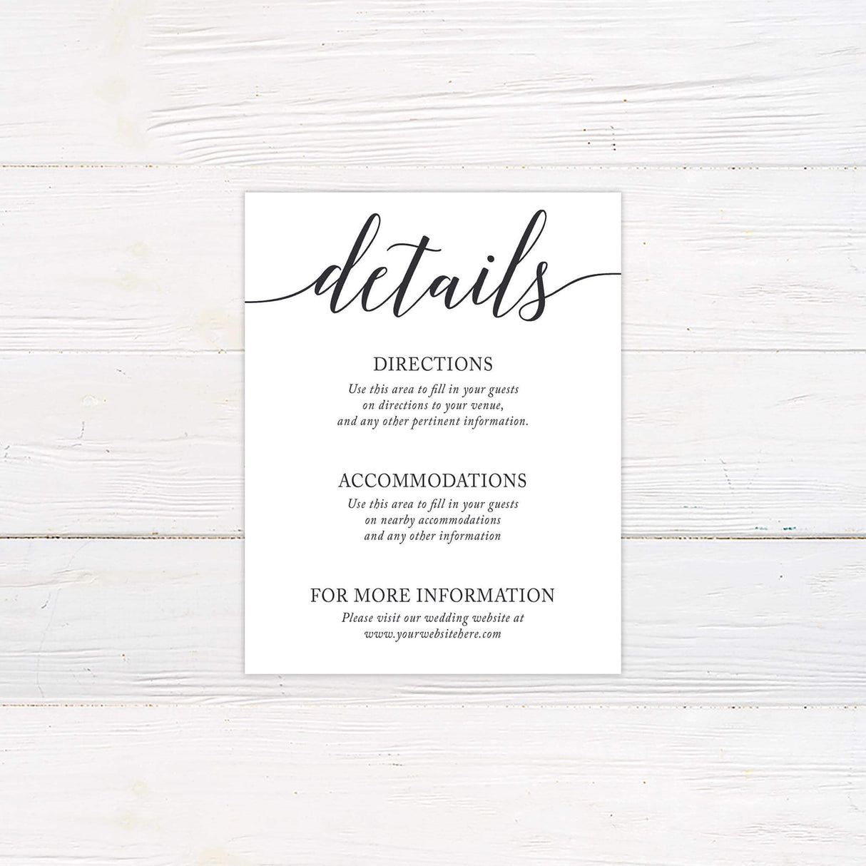Wedding detail card with coordinating script and serif typography on a clean white background.