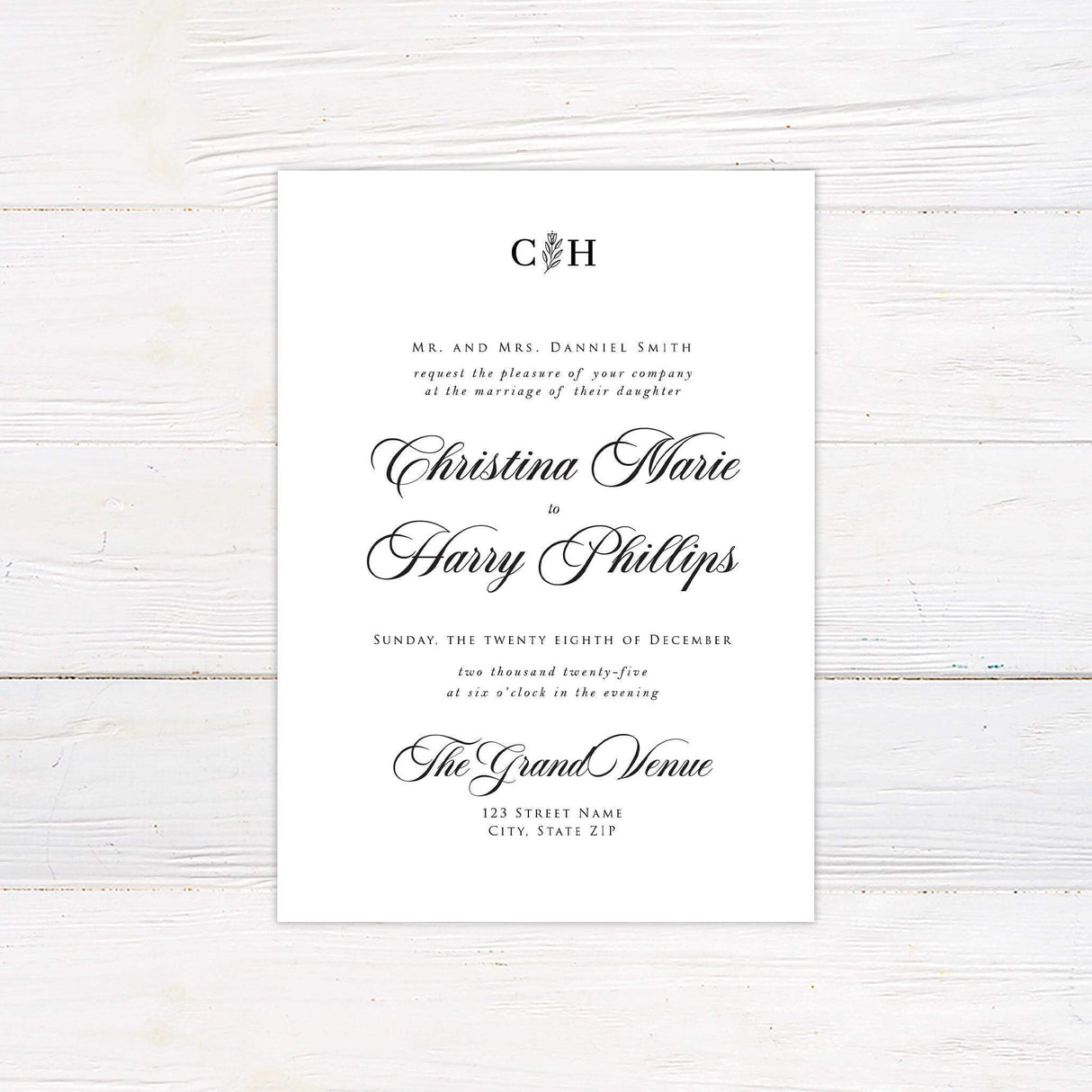 Black background wedding invitation with white serif text and formal minimalist layout