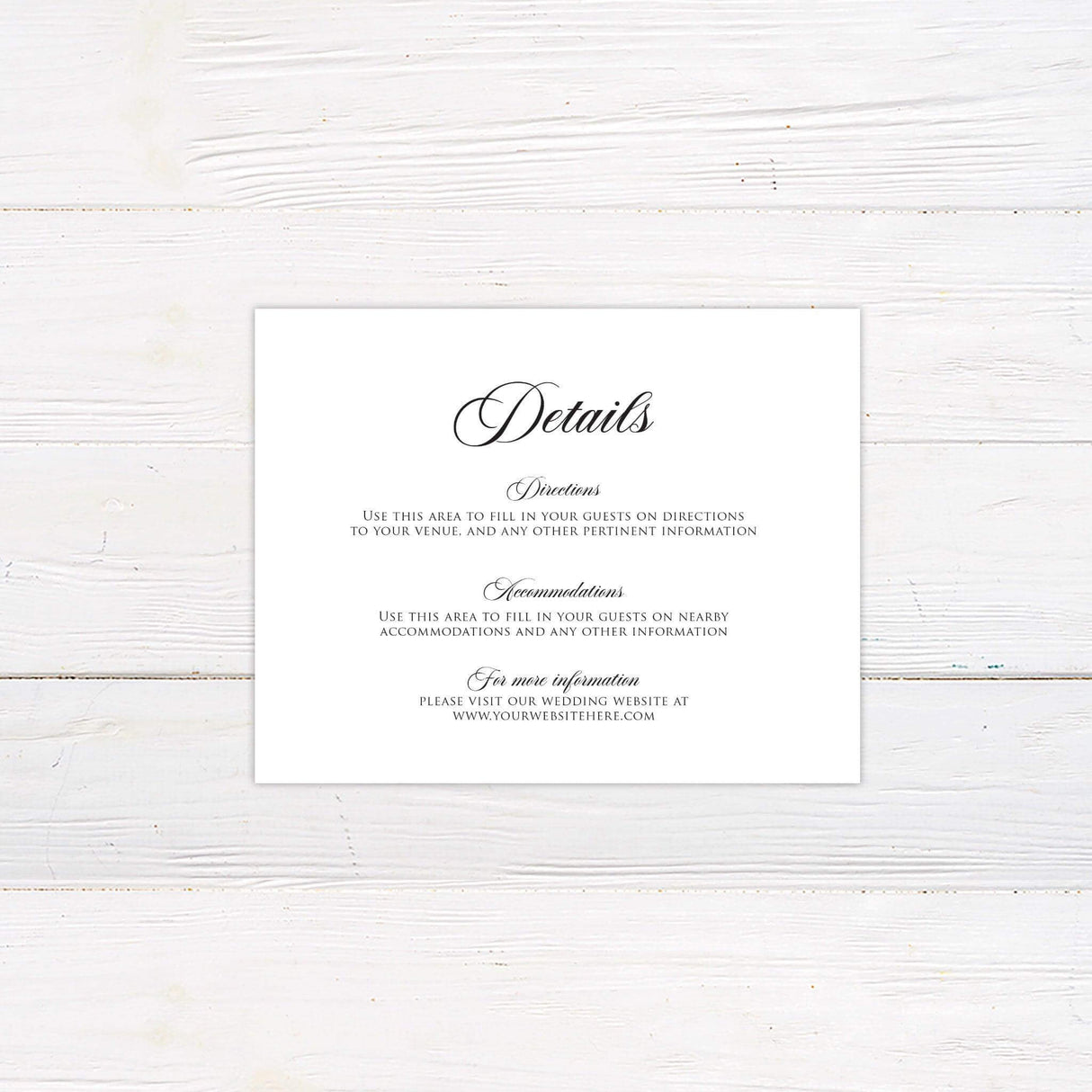 Black background details card with white serif text and formal minimalist layout.