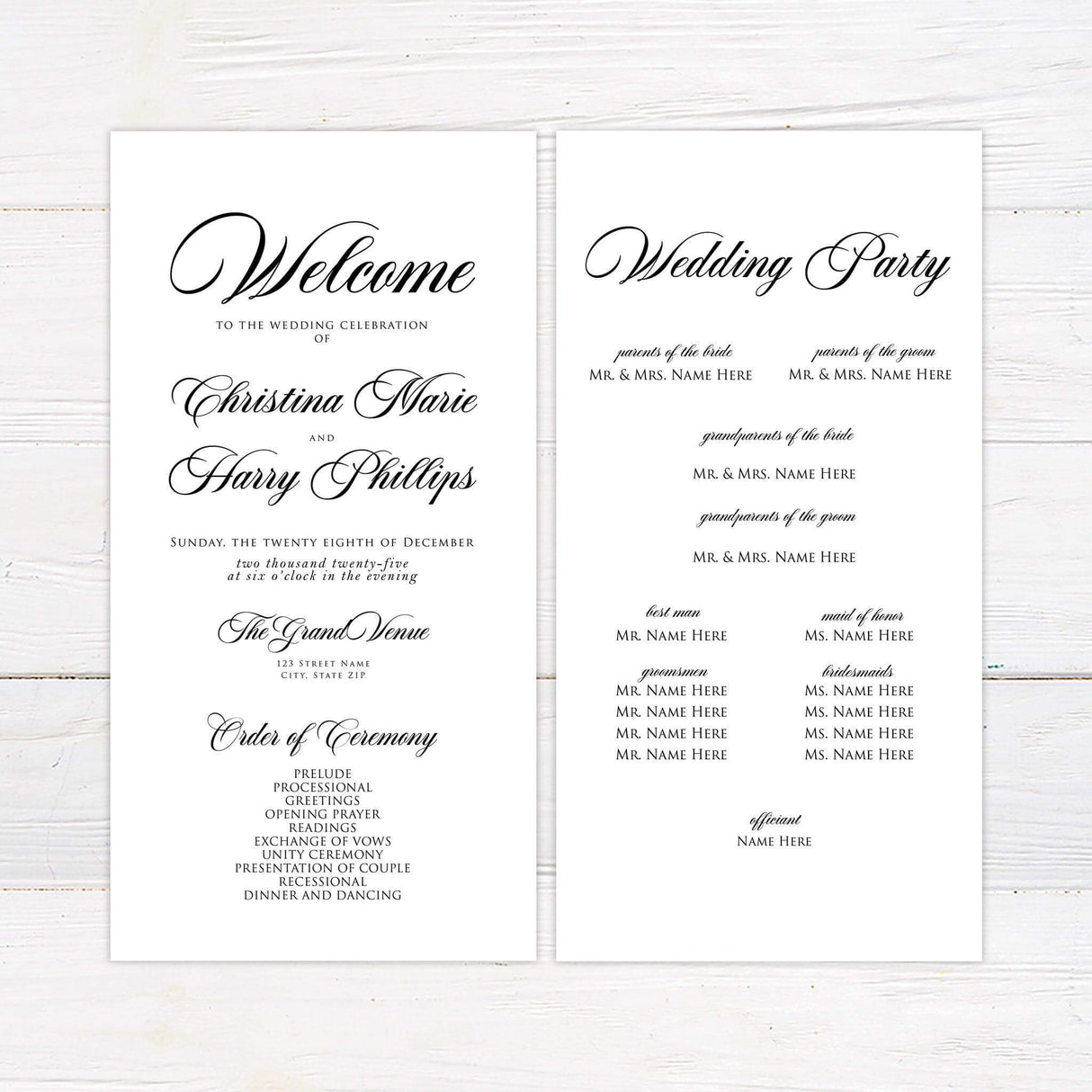 Black background program card with white serif text and formal minimalist layout.