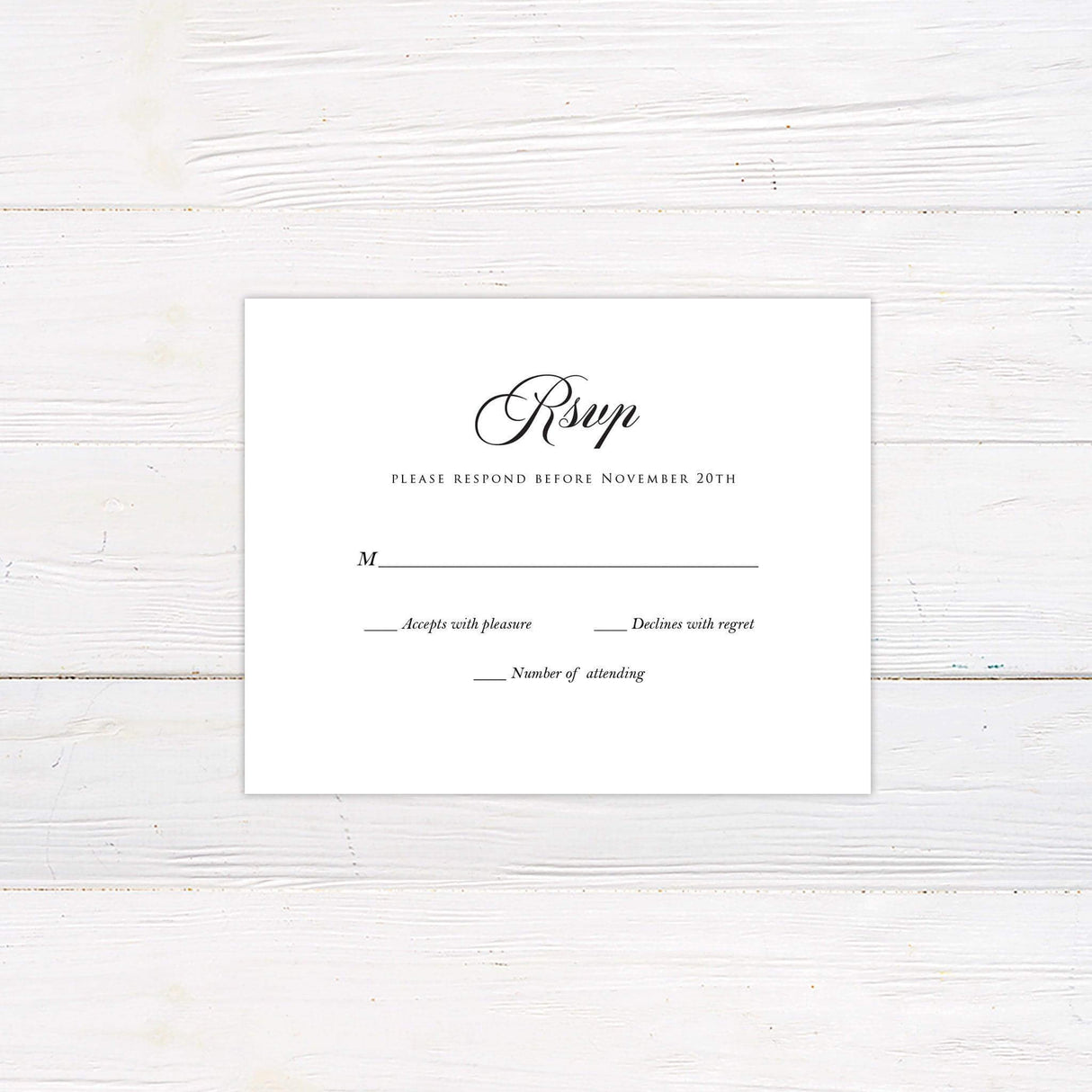 Black background rsvp card with white serif text and formal minimalist layout.