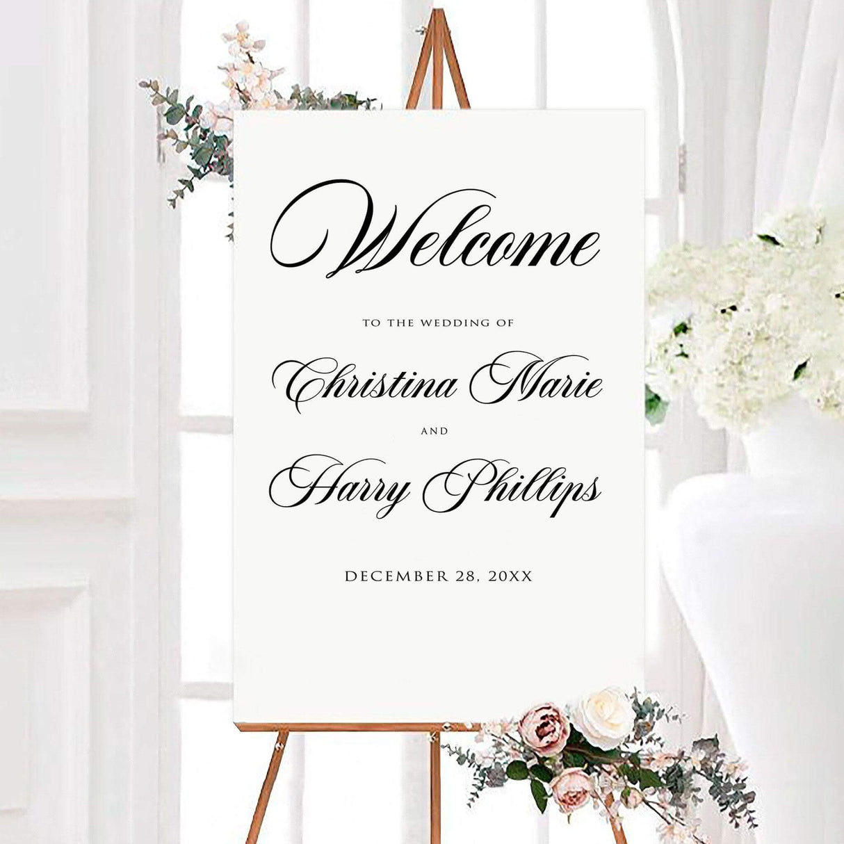 Elegant black and white simple formal wedding welcome sign featuring the couple’s names in formal flourished calligraphy. The minimalist design includes a large script welcome heading and personalized wedding date.