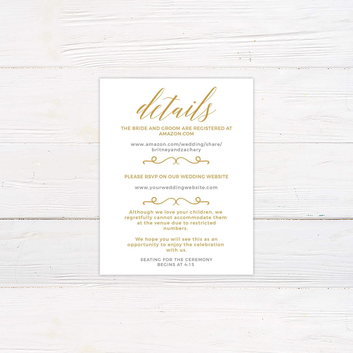 Wedding detail card in gold text with modern styling