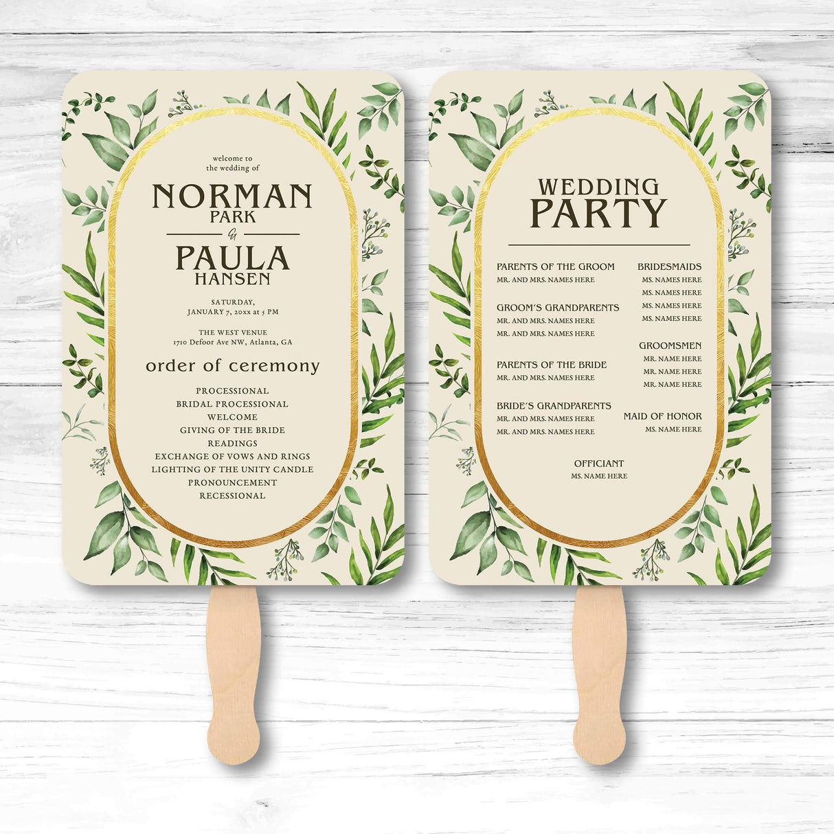 Botanical greenery wedding program fan with vine illustration, wooden handle, and double-sided layout for ceremony details and wedding party info