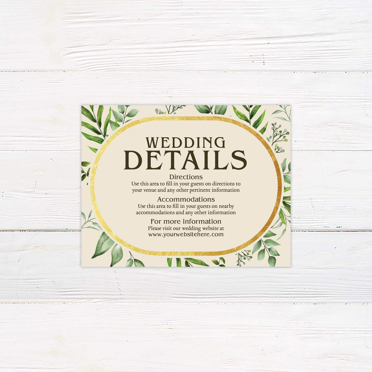 Simple Gold Eucalyptus Wedding details card with greenery accents and minimalist layout