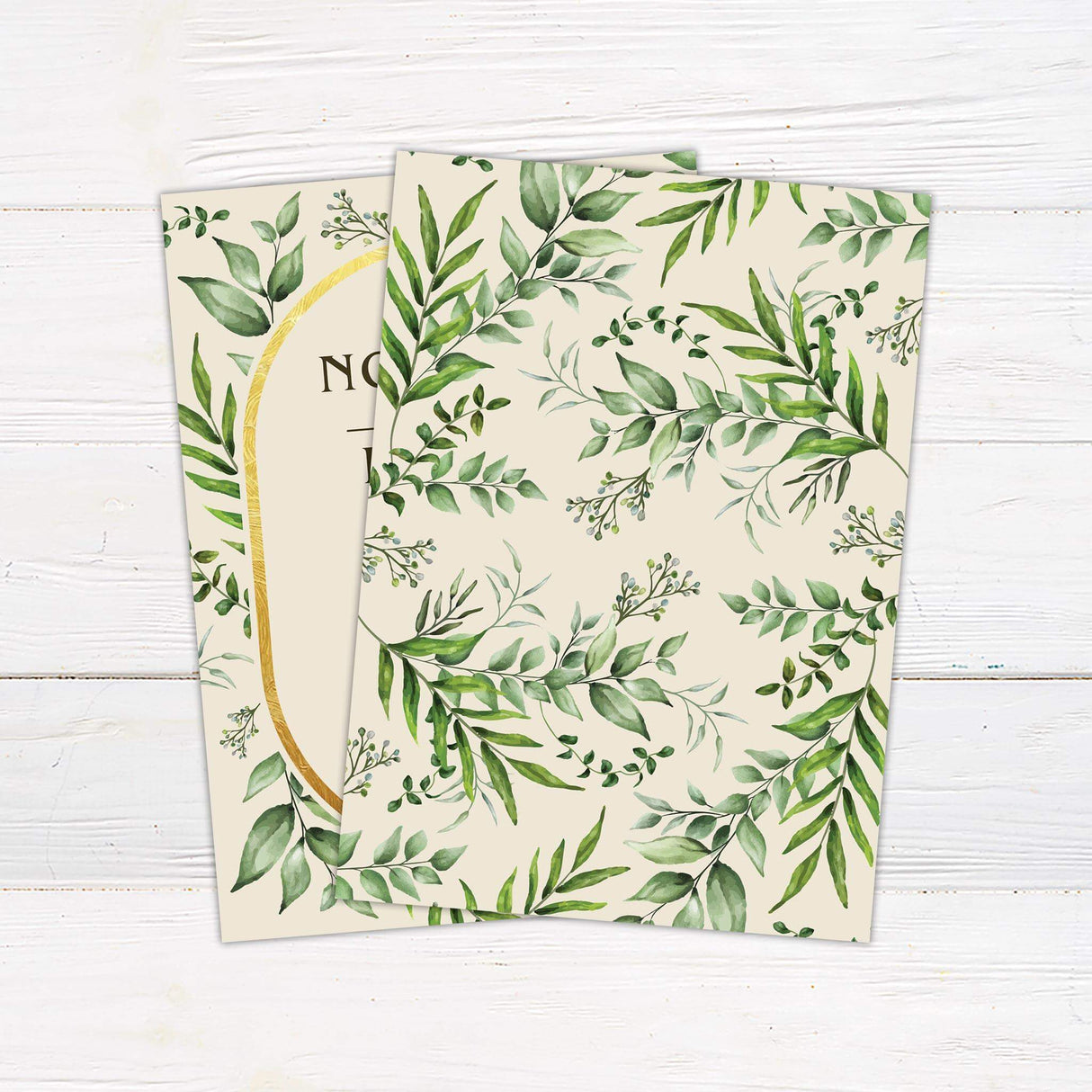 Minimalist wedding invitation with watercolor eucalyptus leaves and gold arch design- back side