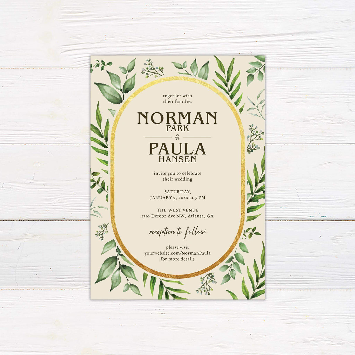 Minimalist wedding invitation with watercolor eucalyptus leaves and gold arch design