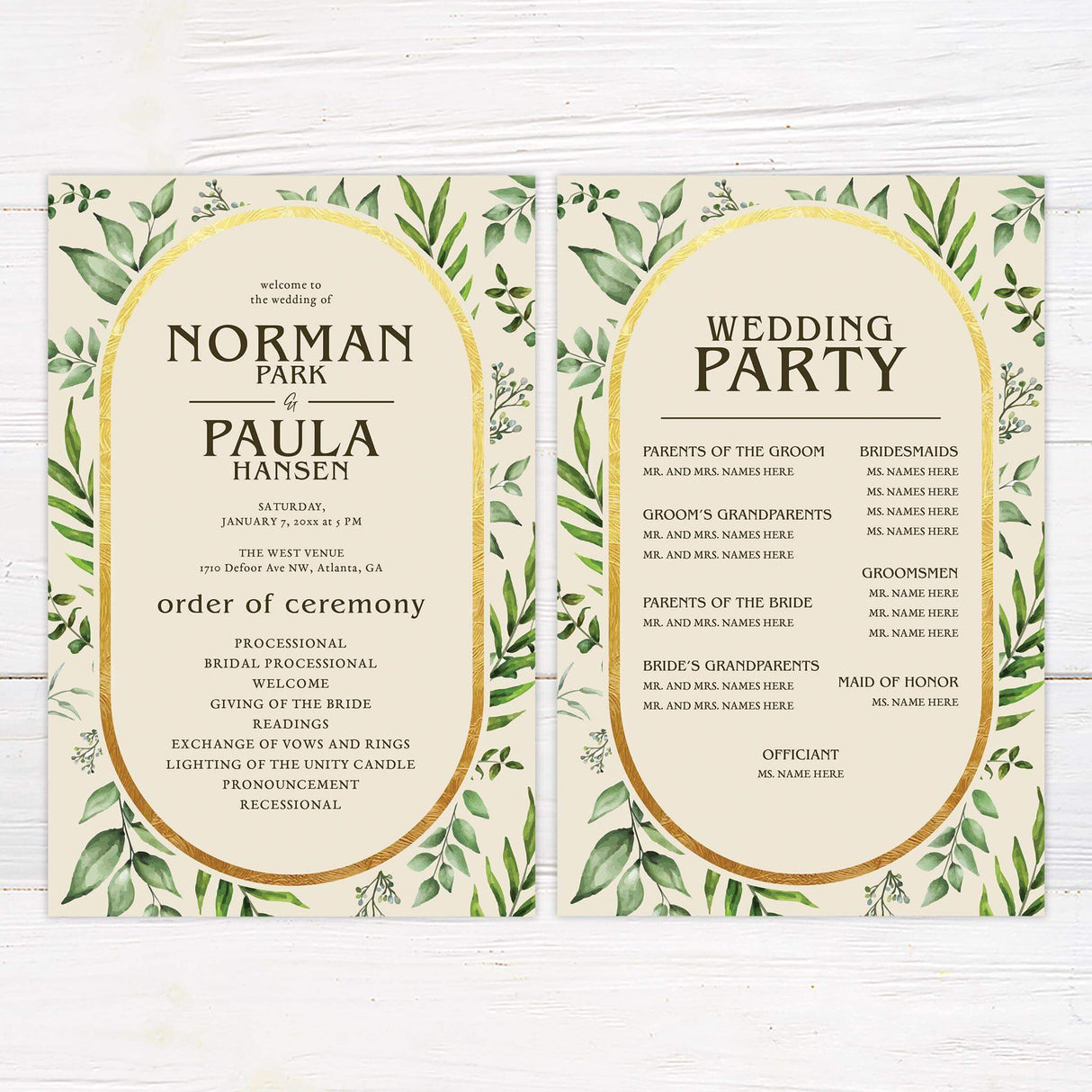 Wedding program with eucalyptus illustrations and modern type