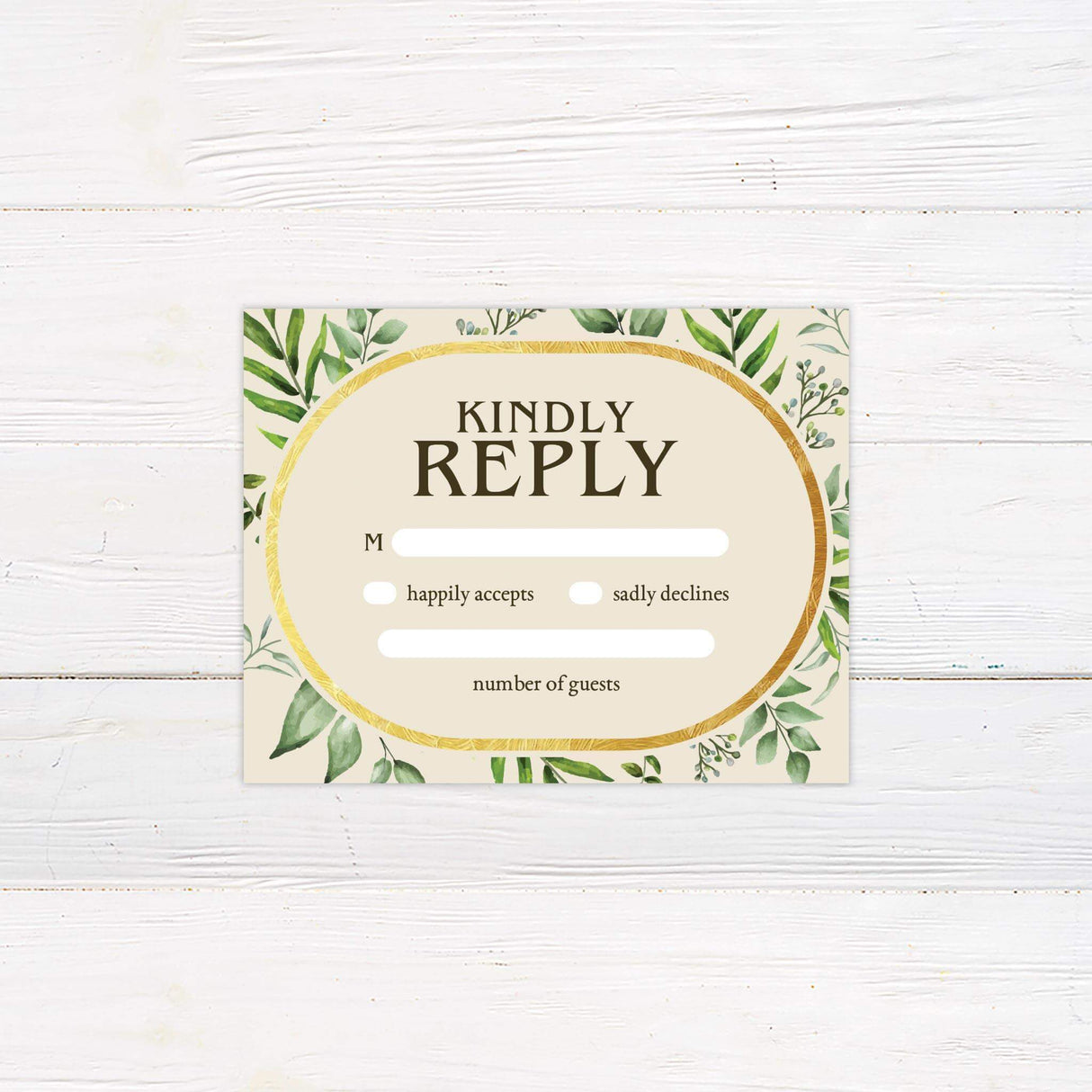 Simple Gold Eucalyptus RSVP card with watercolor eucalyptus leaves and elegant serif fonts