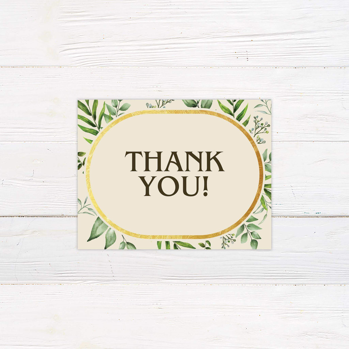 Thank you card featuring matching greenery and classic fonts