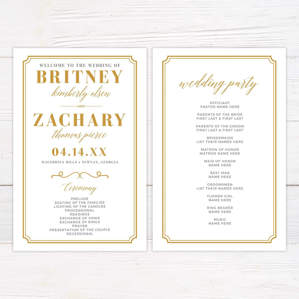 Wedding program with elegant gold text and minimalist formatting