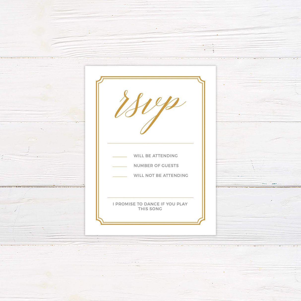 RSVP card with gold script and serif fonts and simple layout