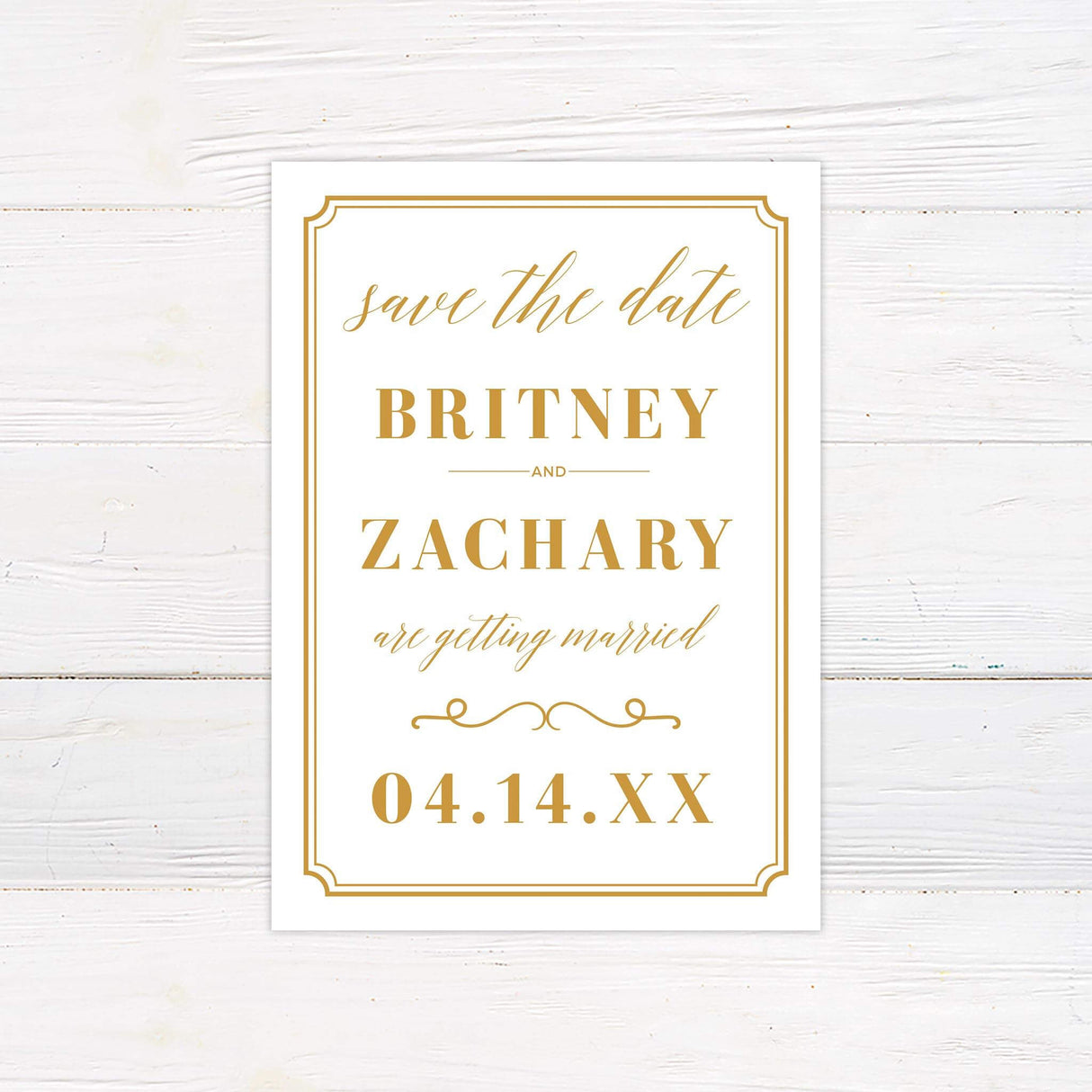Save the Date card with matching gold font and classic border