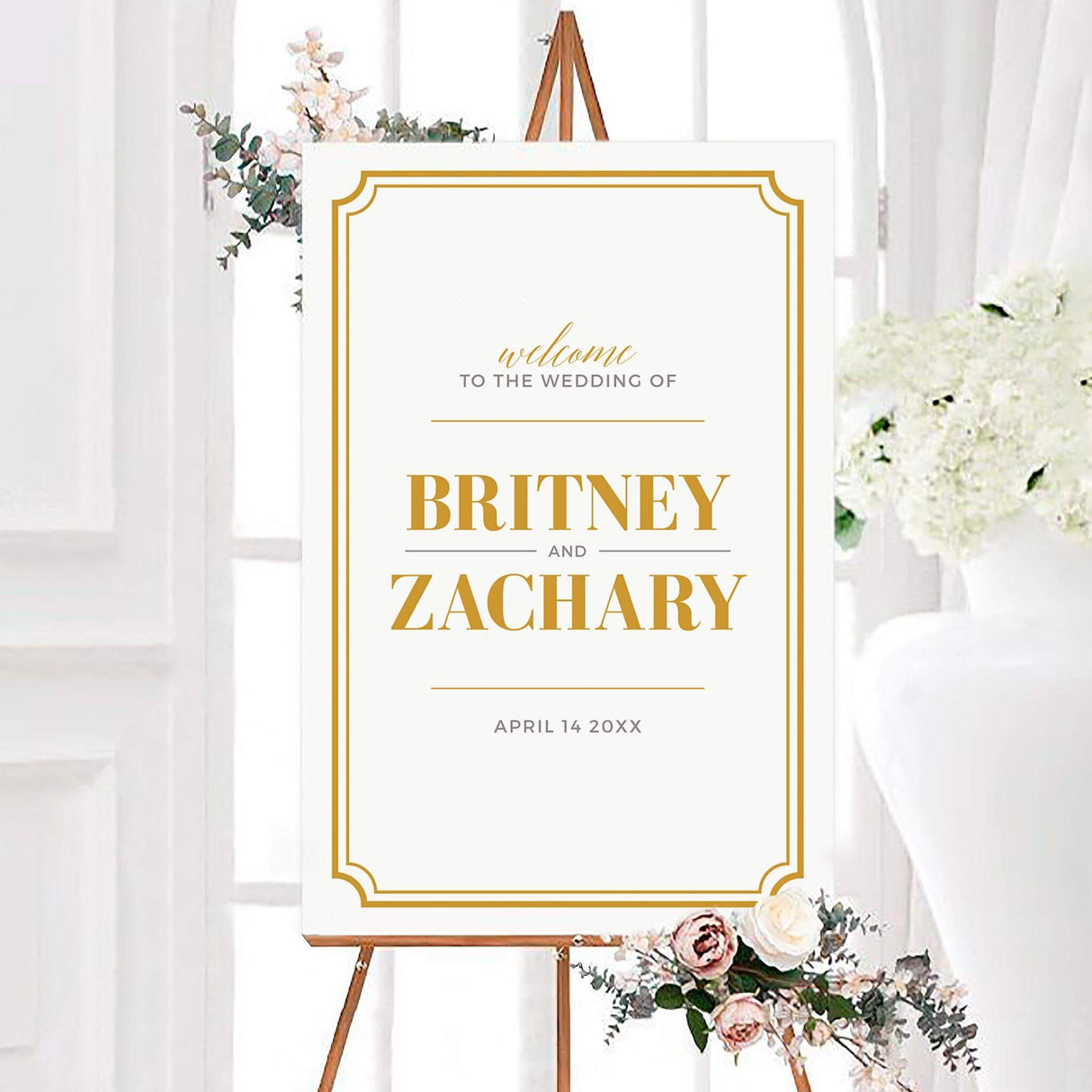 Elegant simple gold wedding welcome sign featuring personalized couple names in large gold serif lettering. A decorative double gold border frames the minimalist design with gray accents and a wedding date.