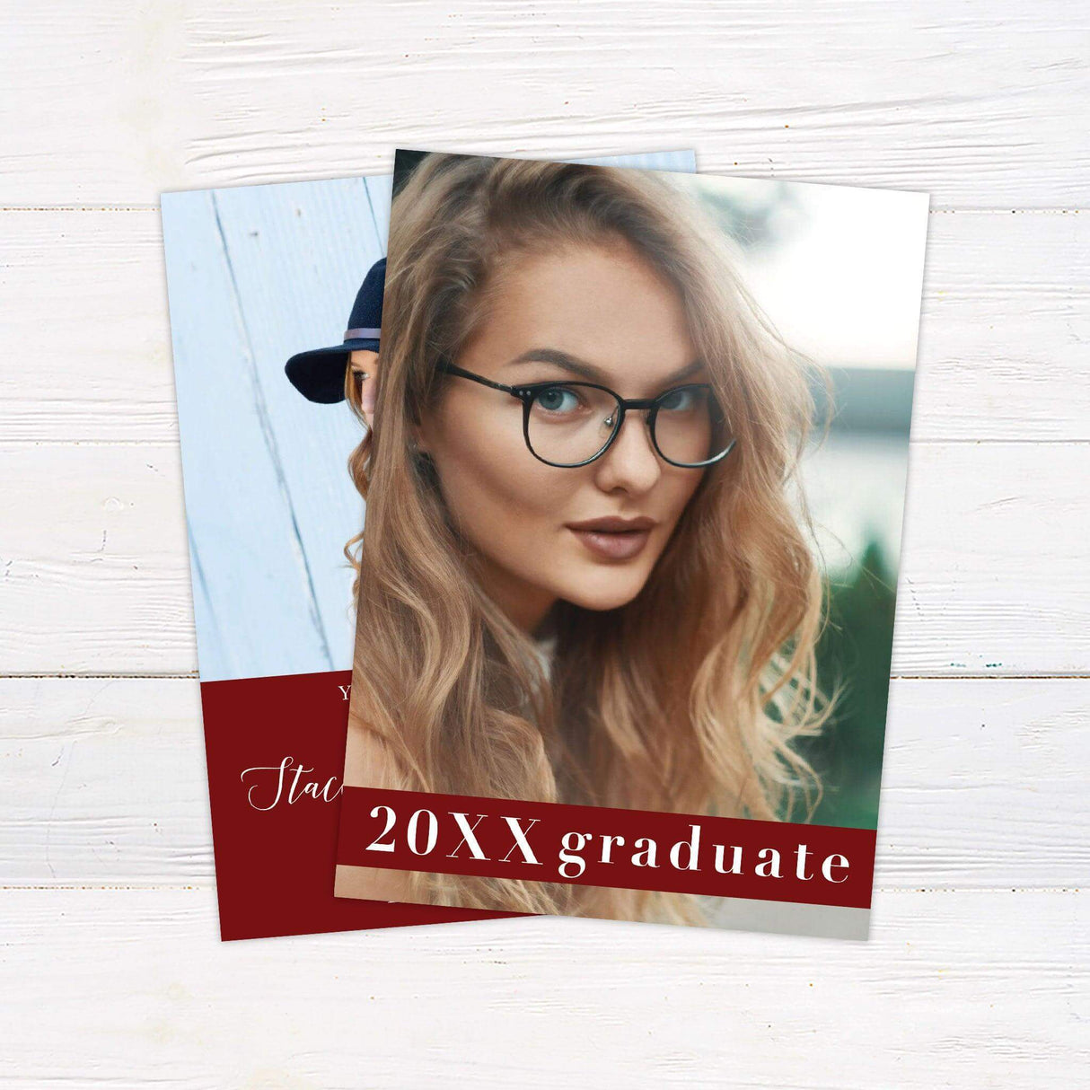 A modern graduation invitation featuring a full-photo back with bold customizable text overlay. Red.