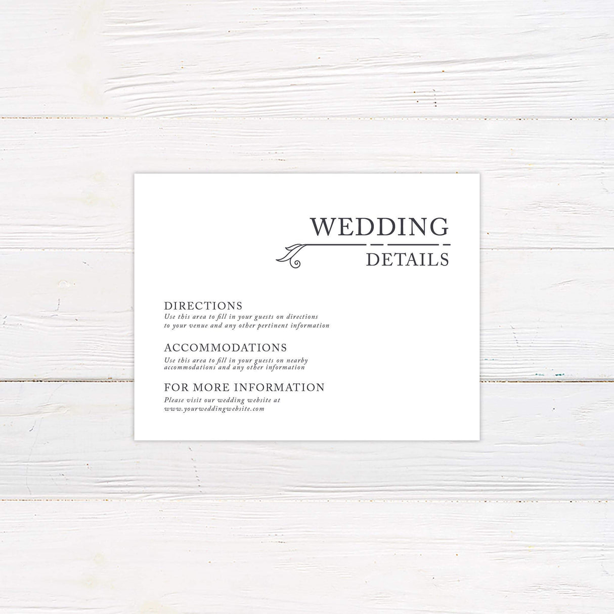 Minimalist details card with thin line accents and clean typography on white background
