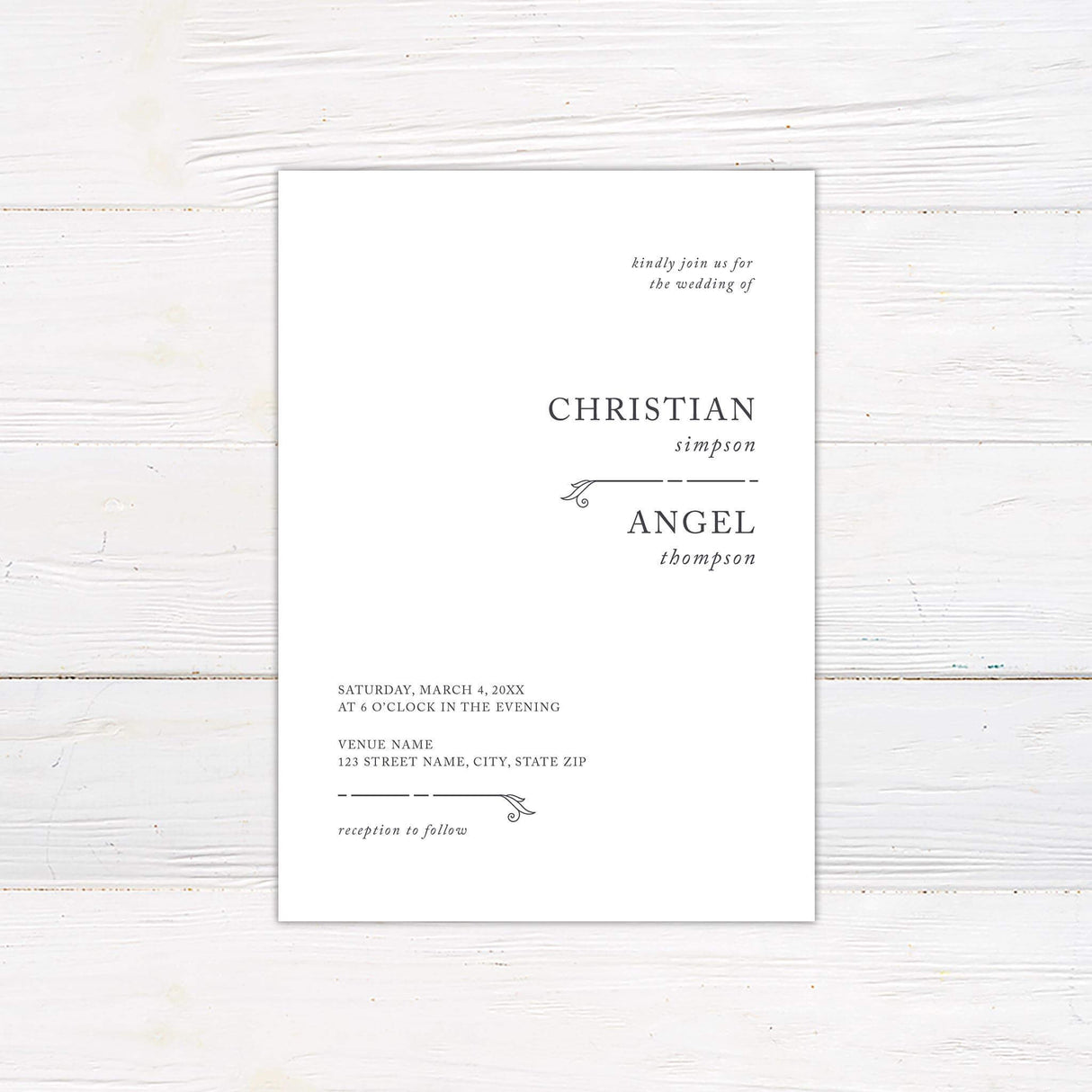 Minimalist wedding invitation with thin line accents and clean typography on white background