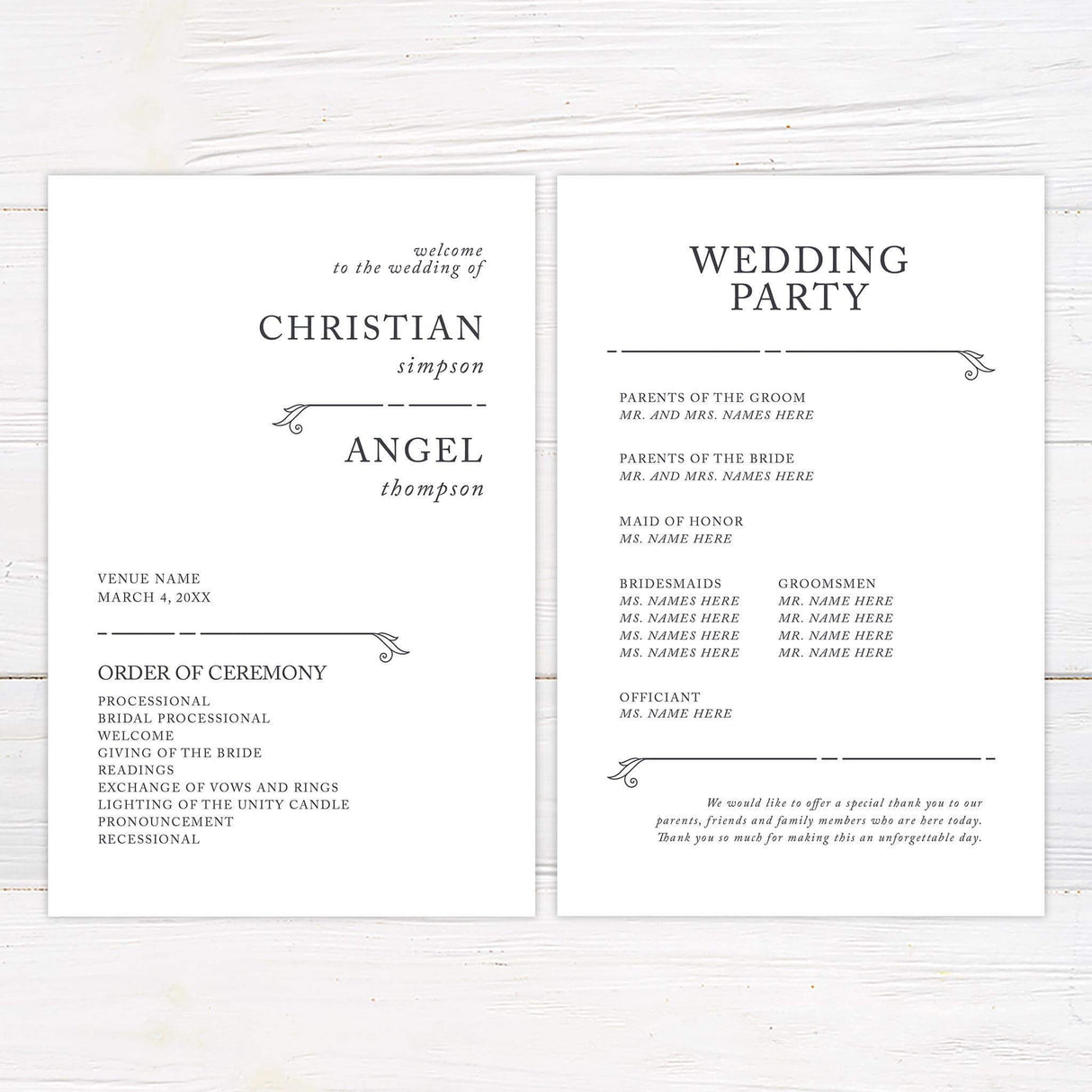 Minimalist program card with thin line accents and clean typography on white background