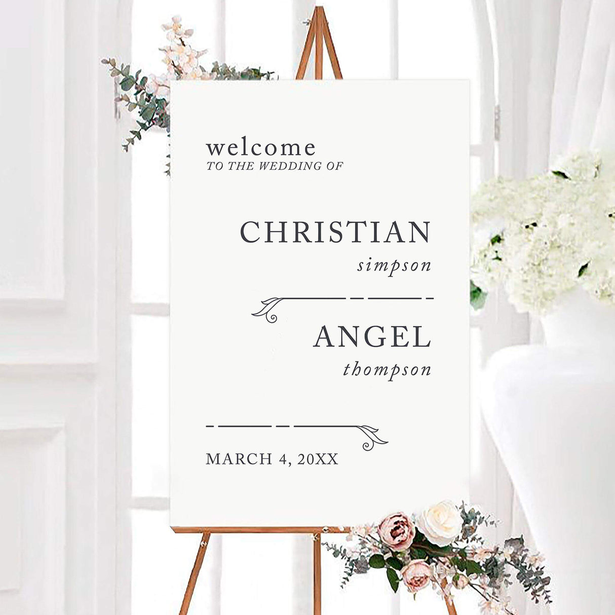 Minimalist simple lines wedding welcome sign featuring elegant charcoal serif typography, personalized couple names, and delicate decorative line flourishes. The clean white design includes the couple’s wedding date near the bottom.