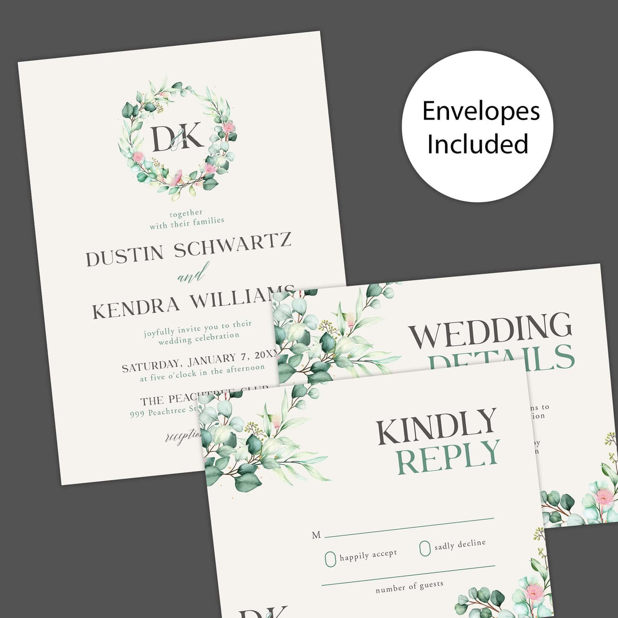 Wedding invitation with botanical wreath monogram, soft watercolor greenery, serif and script fonts on textured white paper - Invite, RSVP and Details