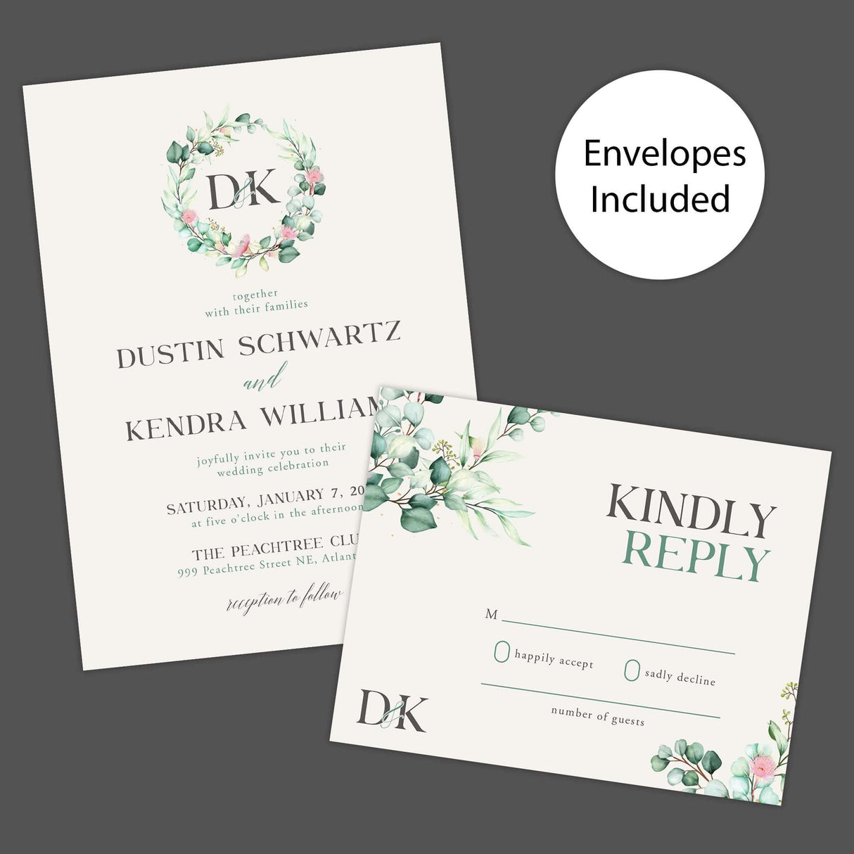 Wedding invitation with botanical wreath monogram, soft watercolor greenery, serif and script fonts on textured white paper - Invite and RSVP