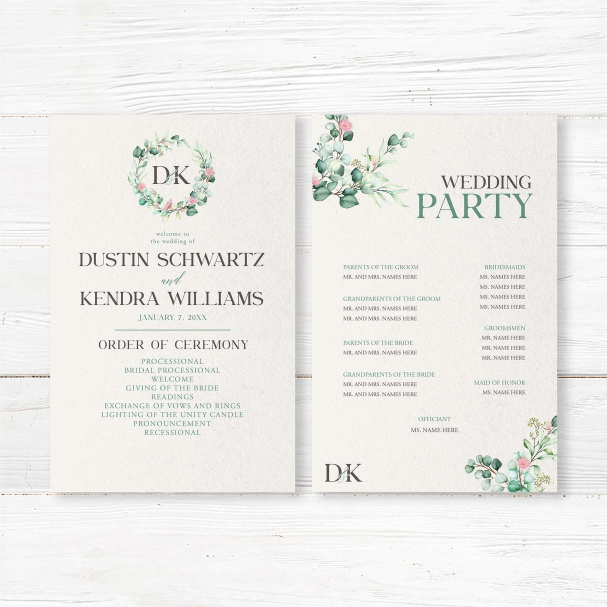 Botanical wedding program with green watercolor wreath monogram and modern serif fonts on white background