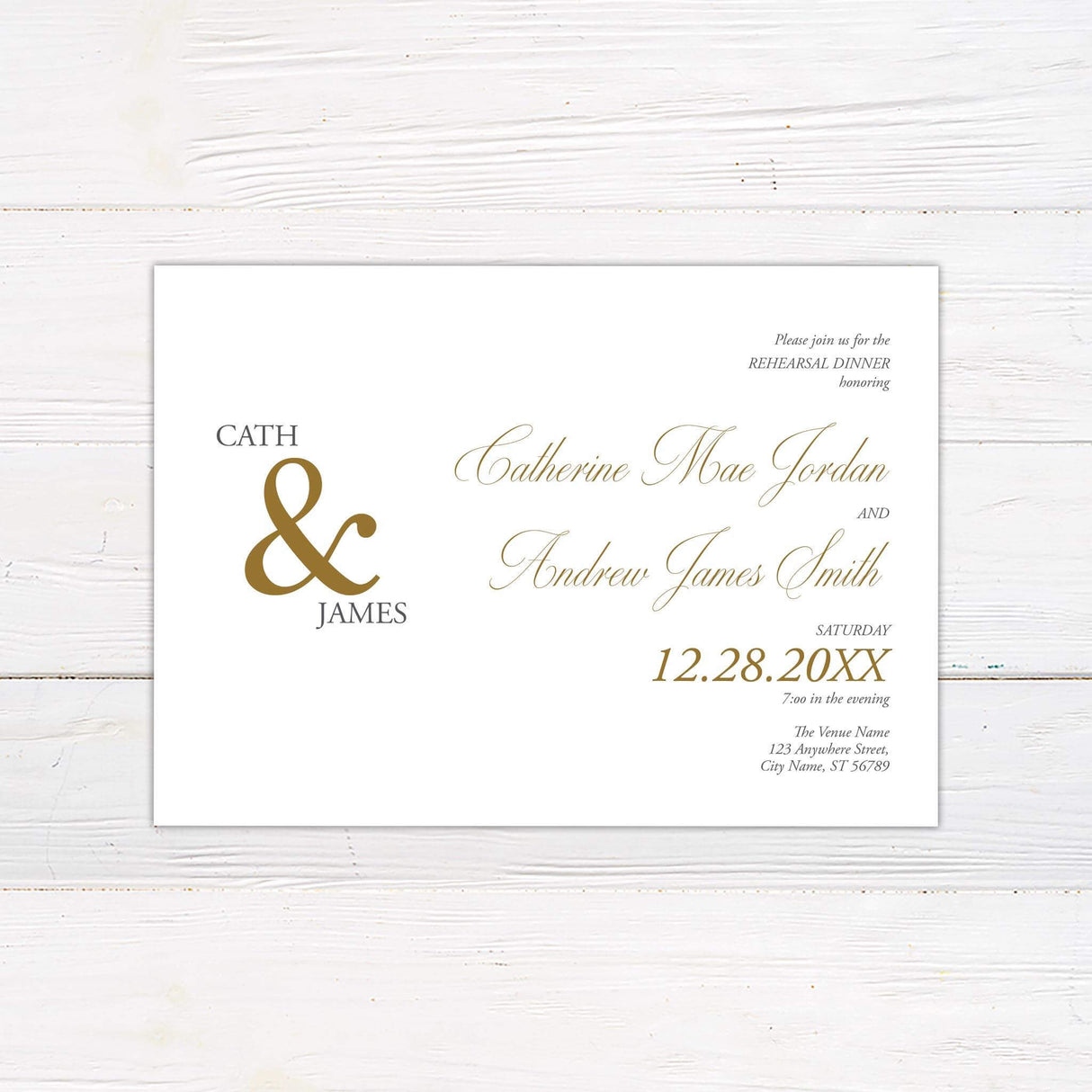 Minimalist rehearsal dinner invitation with elegant serif and script fonts, featuring large ampersand monogram and names with date and venue details.