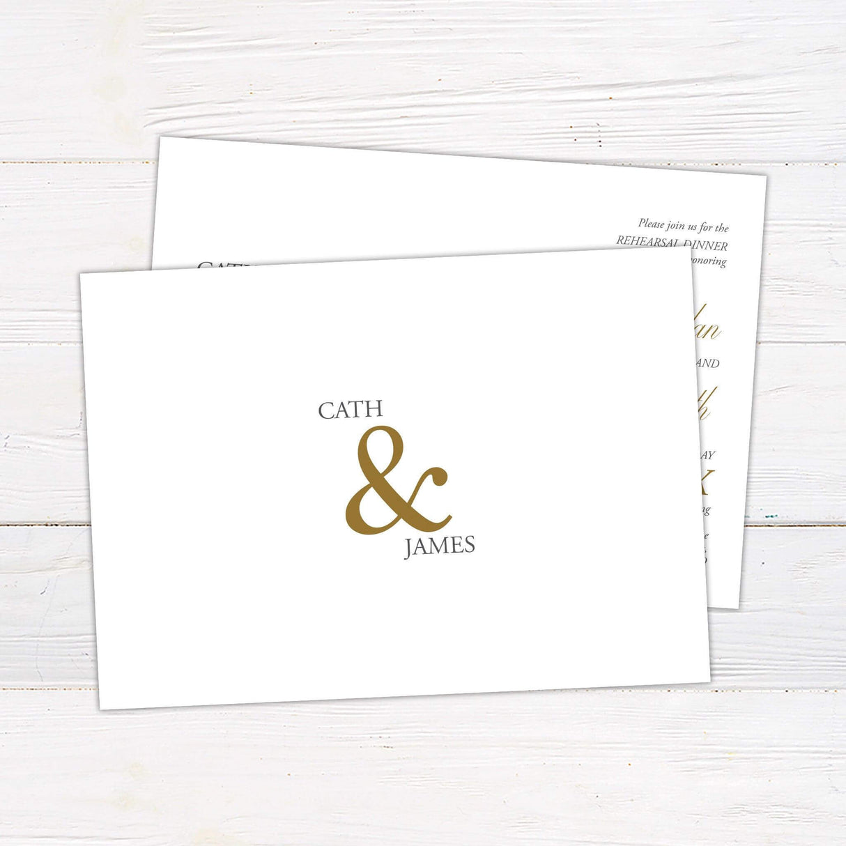 Minimalist rehearsal dinner invitation with elegant serif and script fonts, featuring large ampersand monogram and names. Back