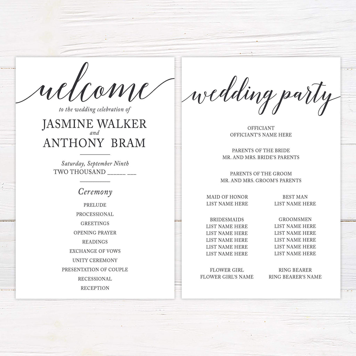Wedding ceremony program featuring elegant calligraphy accents and structured serif text for a classic look.