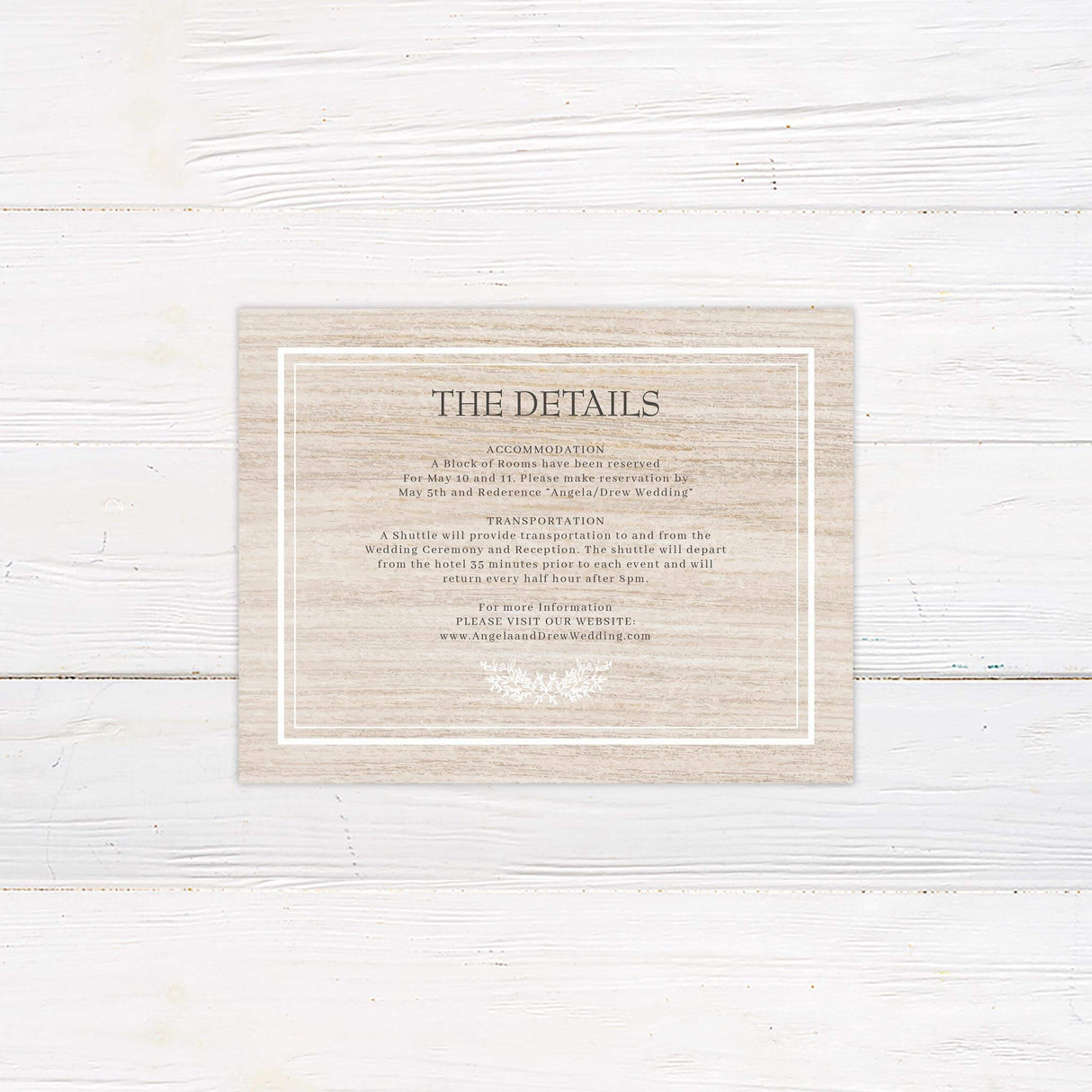 Rustic wedding details card with botanical elements and woodgrain texture